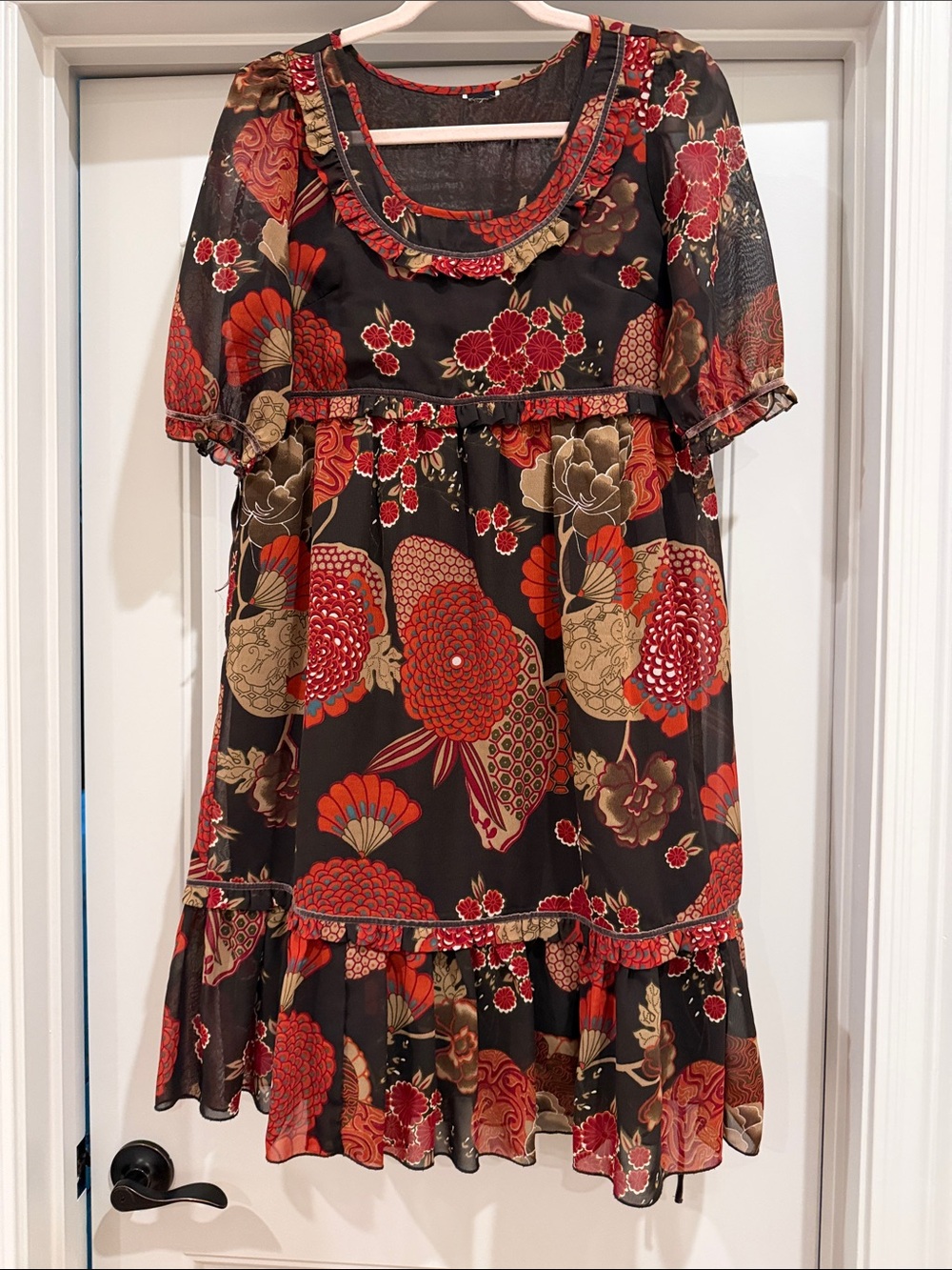 Brown Floral Puff-Sleeve Smock Dress with Red Accents